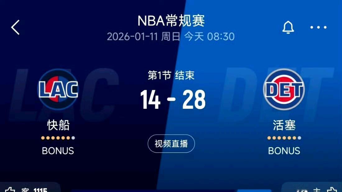 第一节结束，快船14-28活塞。快船落后14分，快船单节7失误，哈登首节失误三次