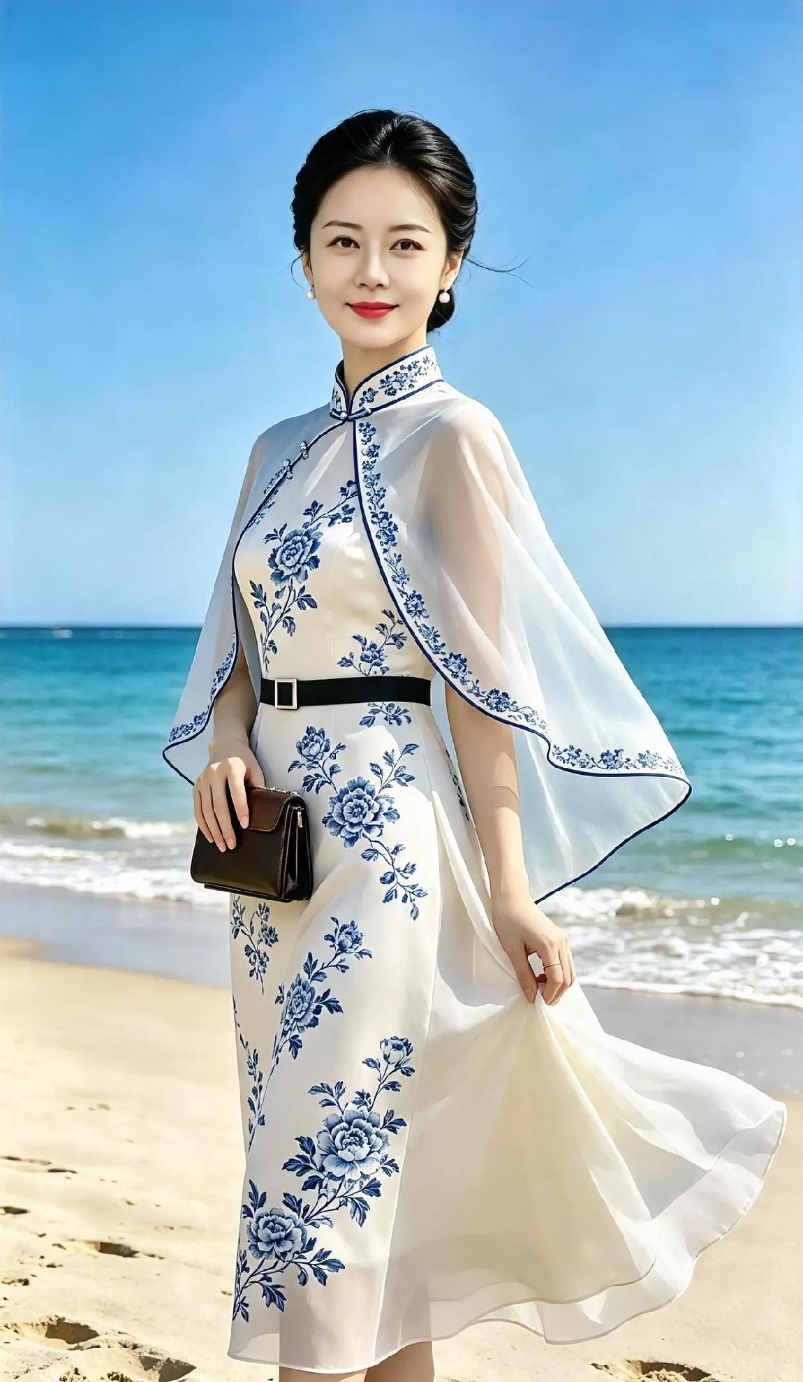 海风一吹，青花便活了过来。

白裙拂浪，蓝蕊轻开。

披纱载阳，笑意徐来。

沙