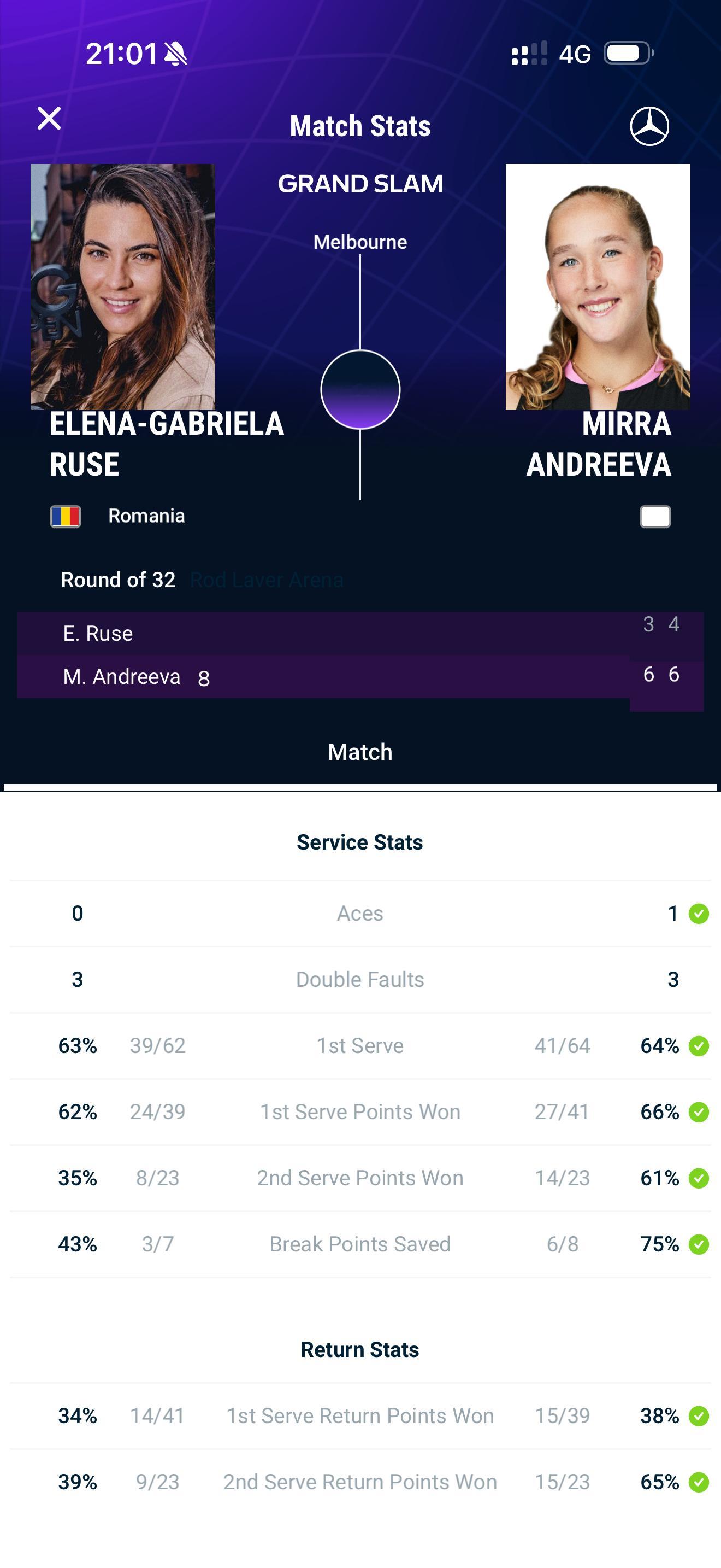 澳网2026 安德列娃晋级16强女单第三轮最后一场比赛，8号种子安德列娃6比3、