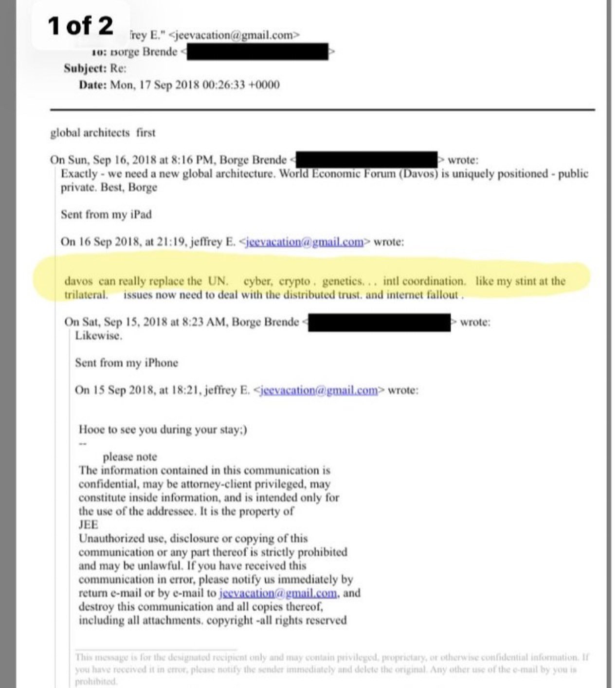 在这封电子邮件中，爱泼斯坦写道：“达沃斯可以取代联合国、网络安全、加密货币、基因