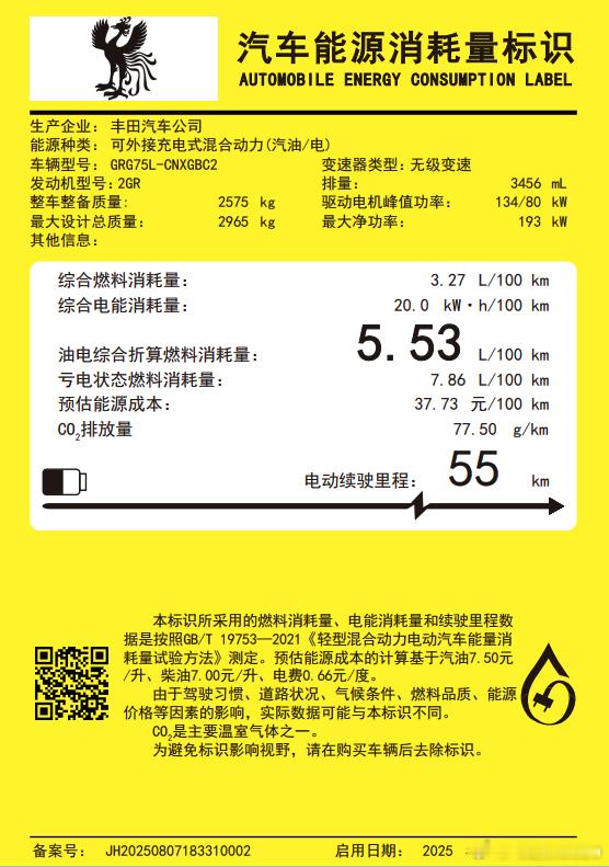丰田世极，3.5L 自然吸气发动机，配 134+80kw 电机亏电油耗 7.86