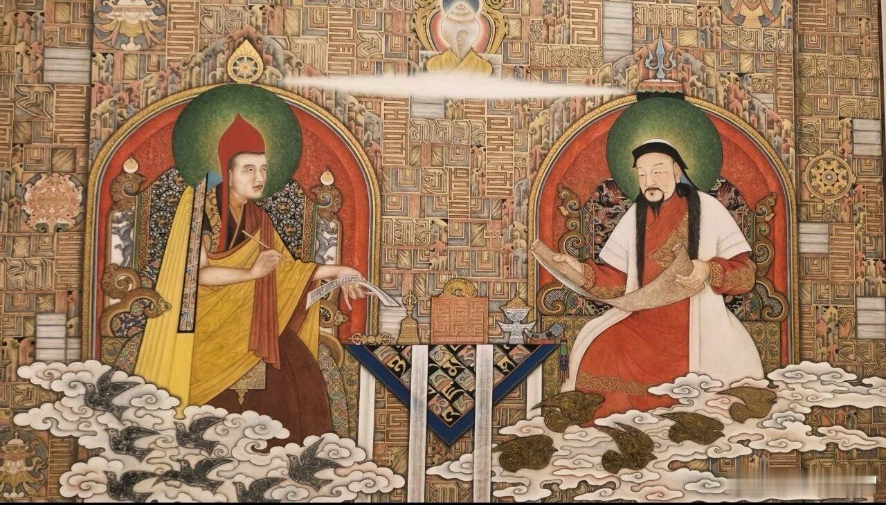 萨迦班智达和八思巴弘法利生。八思巴（1235—1280），藏传佛教萨迦派第五代祖