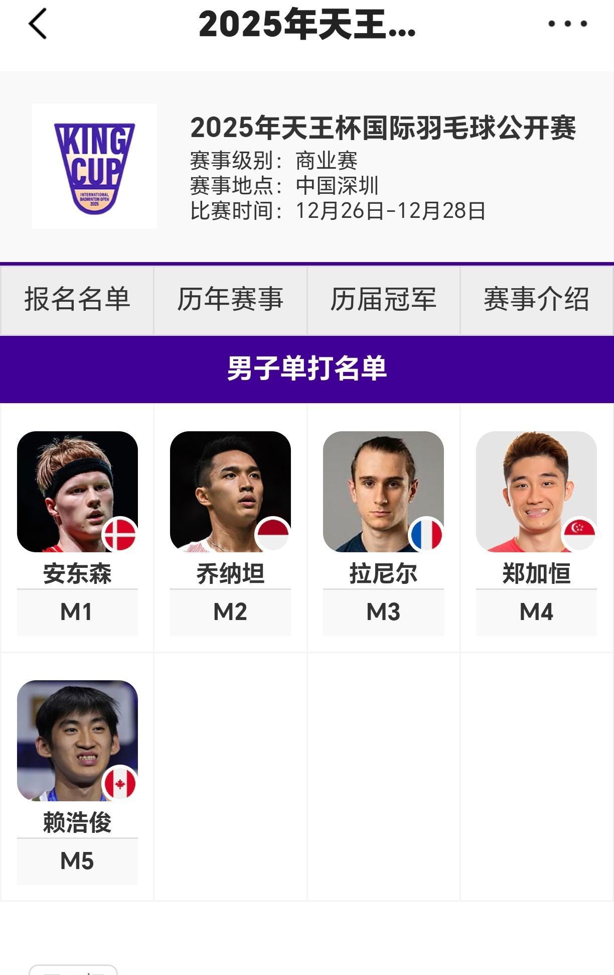 2025年天王杯国际羽毛球公开赛有哪些选手参赛

2025年天王杯国际羽毛球公开