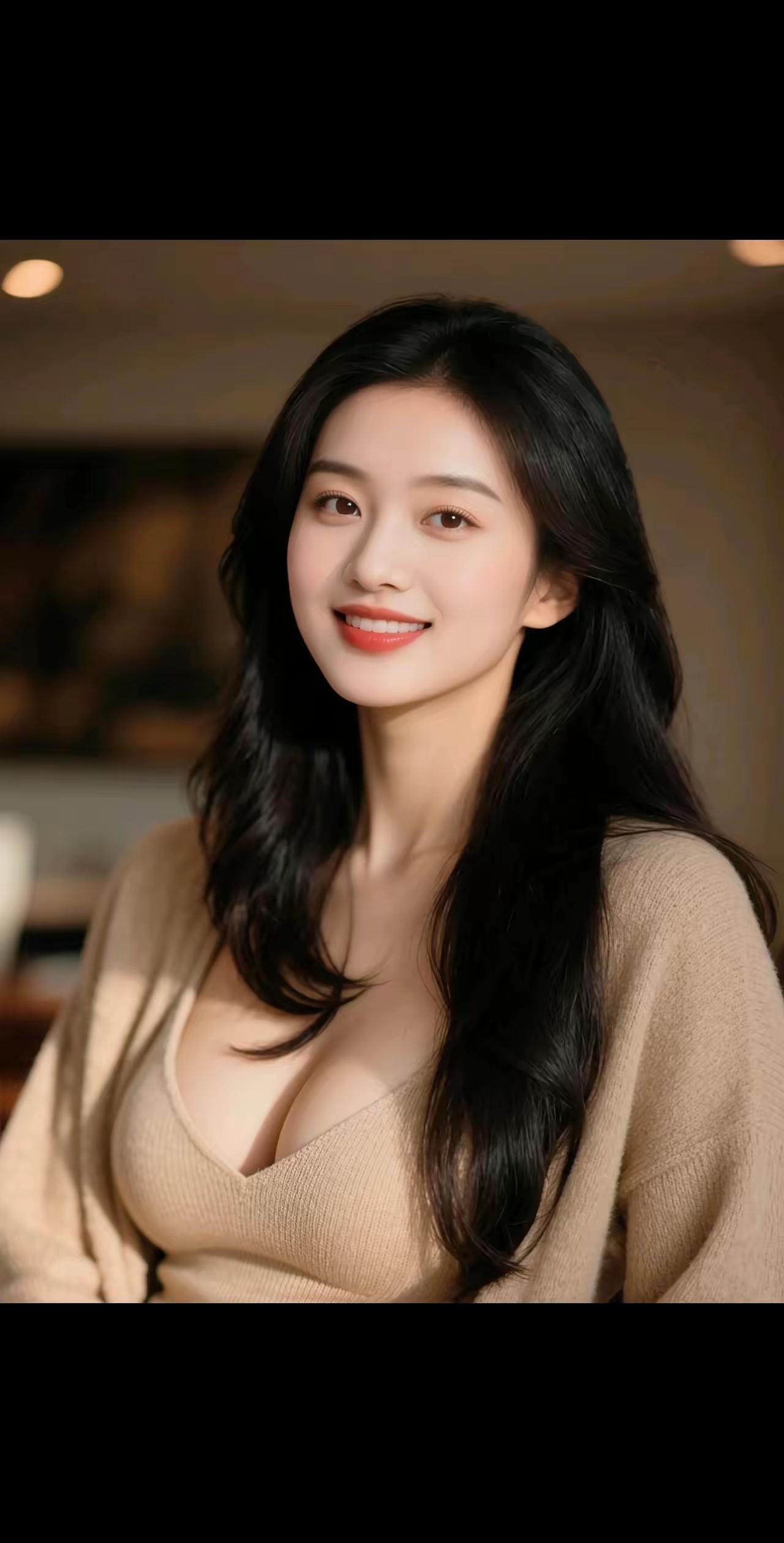 温柔甜美的笑容，暖色调的毛衣，散发着冬日暖阳的气息。