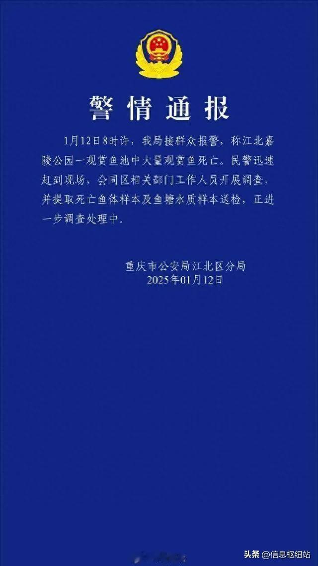 重庆警方通报“江北一公园观赏鱼池大量观赏鱼死亡”：正在进一步调查处理