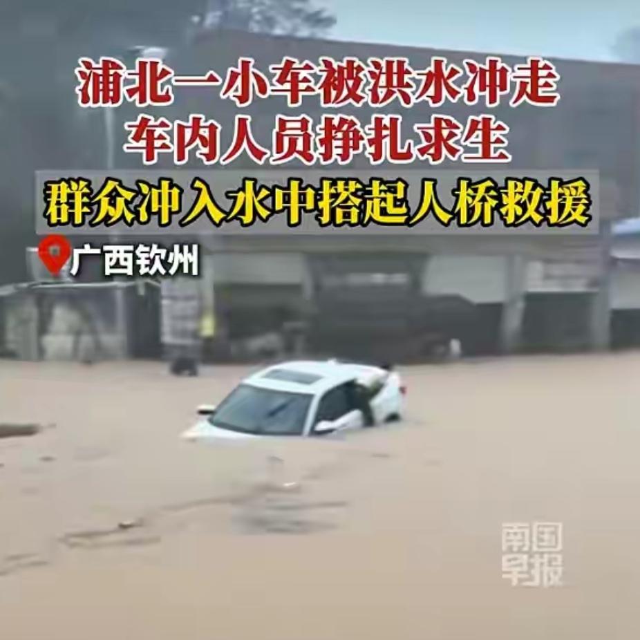 浦北一小车被洪水冲走，车内多人挣扎求生！当地群众冲入水中，拦截车辆救人

在那一