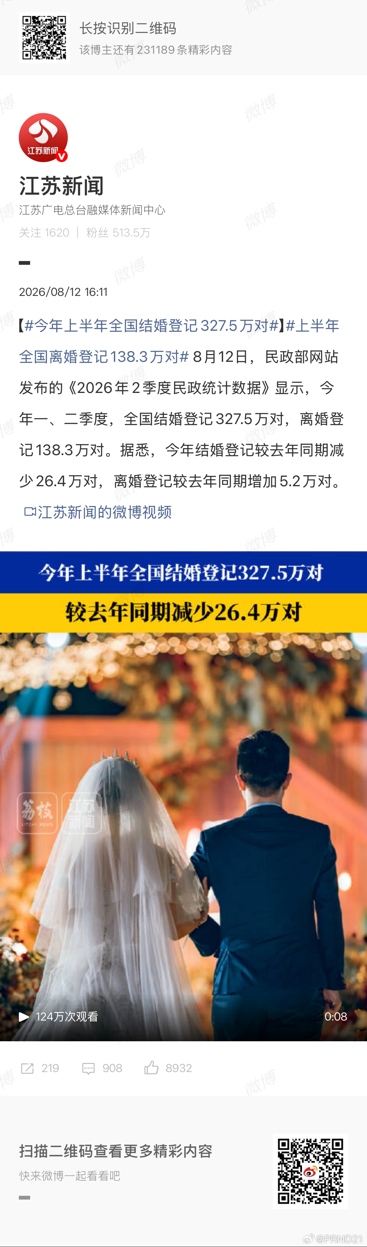 上半年全国离婚登记138.3万对 看评论区说这个登记离婚是不包含诉讼离婚的，而诉
