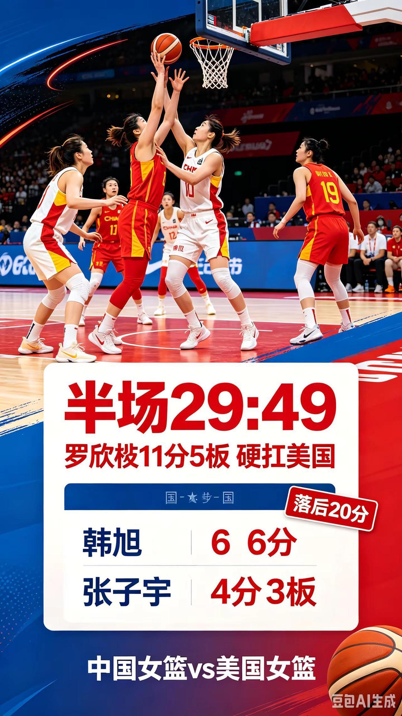 中国女篮vs美国女篮，罗欣棫11分5板，韩旭6分，张子宇4分3板，半场比赛落后2