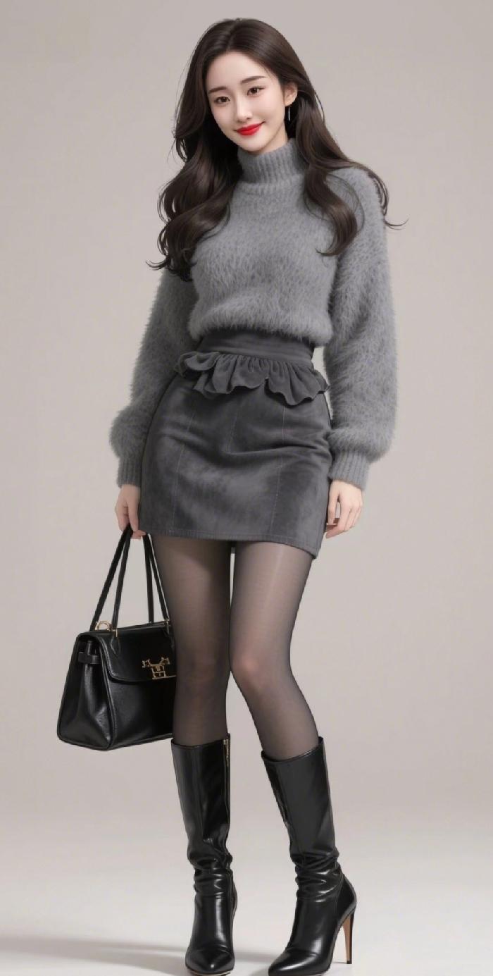 穿着灰色毛衣和裙子，搭配黑色靴子，手提包很有范儿。