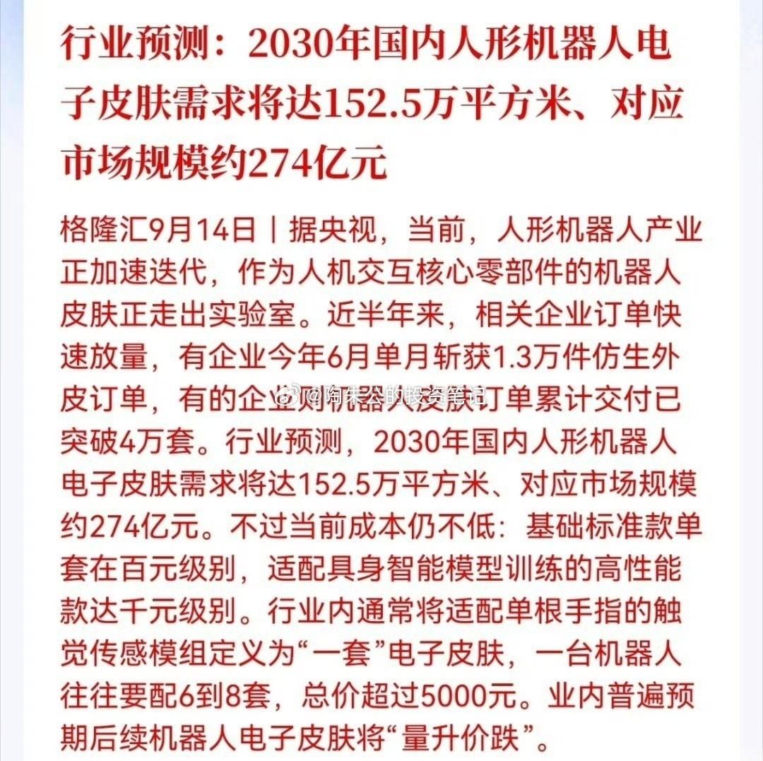 行业预测:2030年国内人形机器人电子皮肤需求将达152.5万平方米、 对应市场