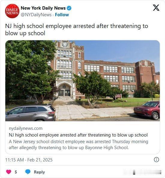 双语简讯：NJ high school employee arrested af