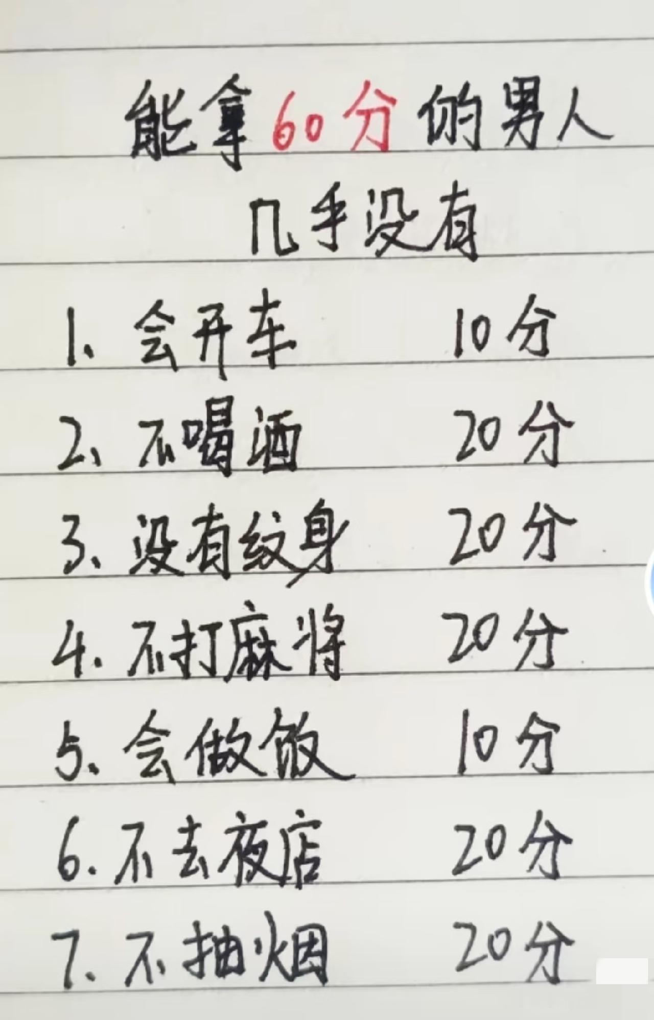 我敢打赌！作为一个成年男人，99%的人都拿不到60分，能超过60分的人，绝对是不