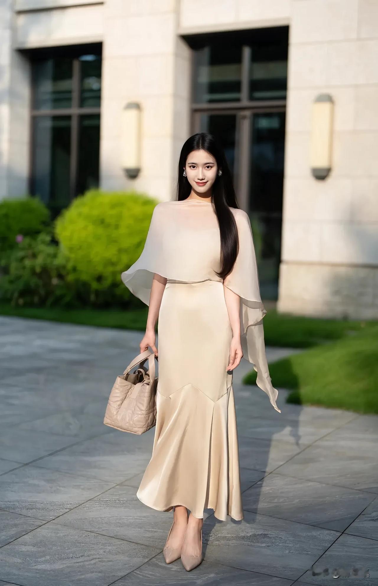 优雅气质穿搭，米色长裙搭配时尚手袋，尽显都市女性魅力！