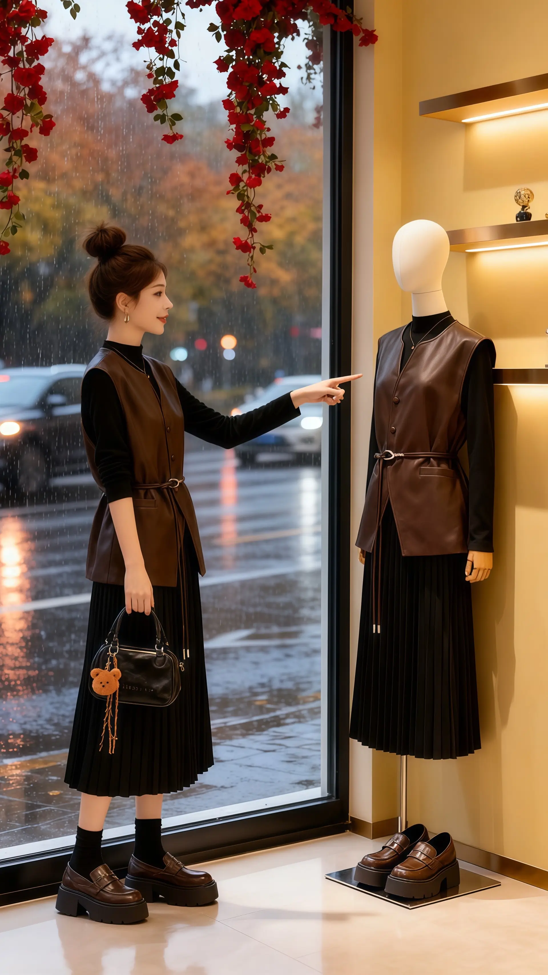 她穿着一套时尚百褶裙套装，中长款休闲皮上衣的率性与百褶连衣裙的柔美交织...