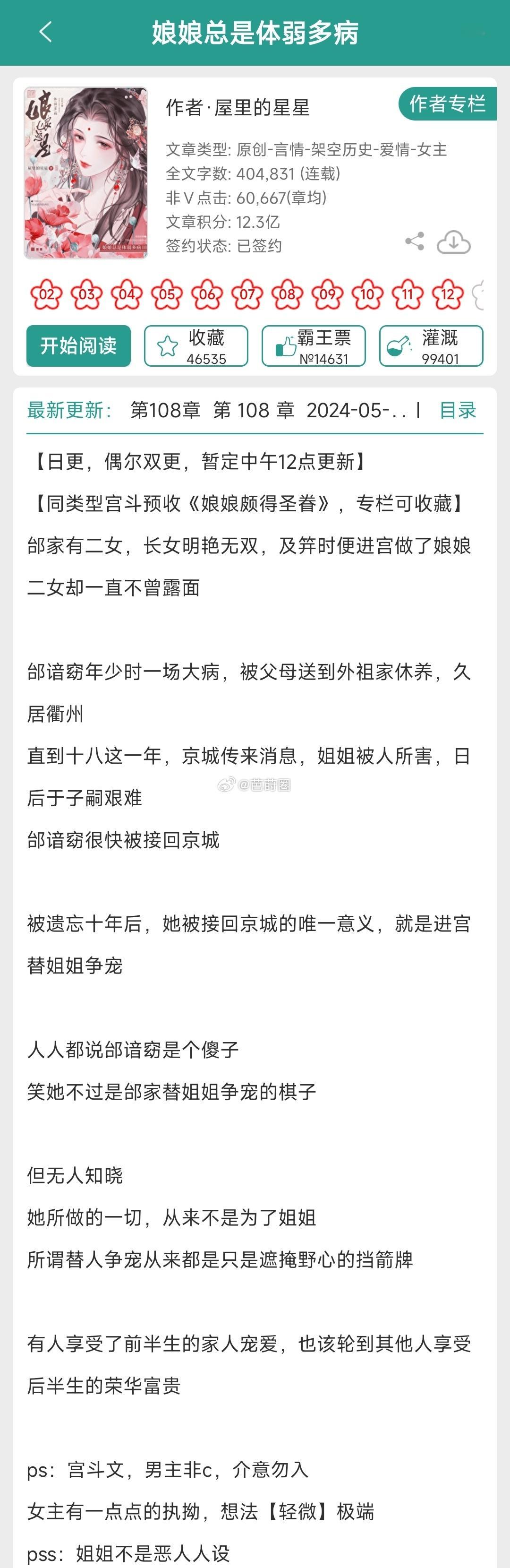 #芭莳圈推文[超话]##一起在小说里过夏天# 《娘娘总是体弱多病》作者：屋里的星