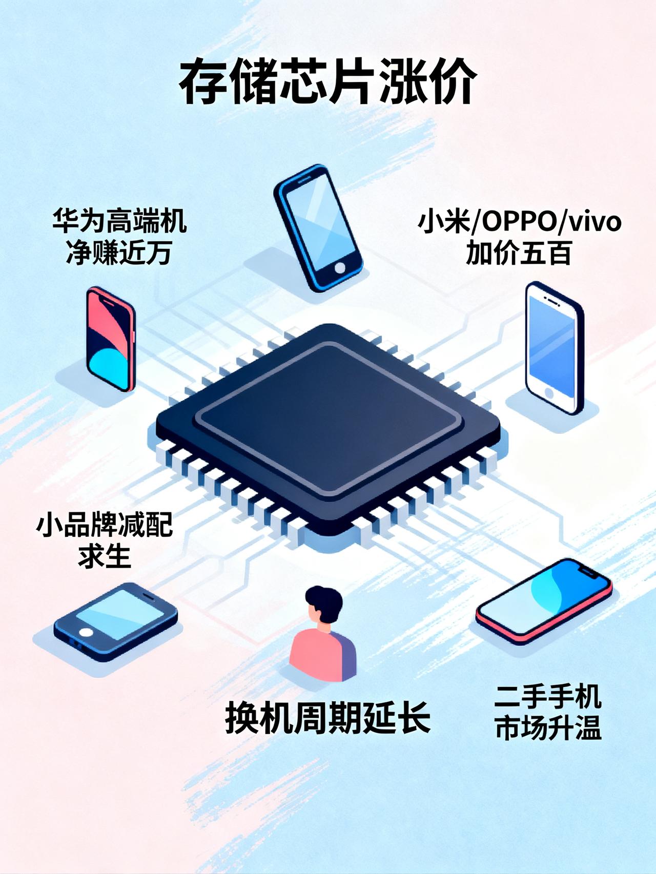 存储芯片价暴涨，华为卖一台赚1万，小米ov加500贱卖，小厂减配也要涨
存储芯片