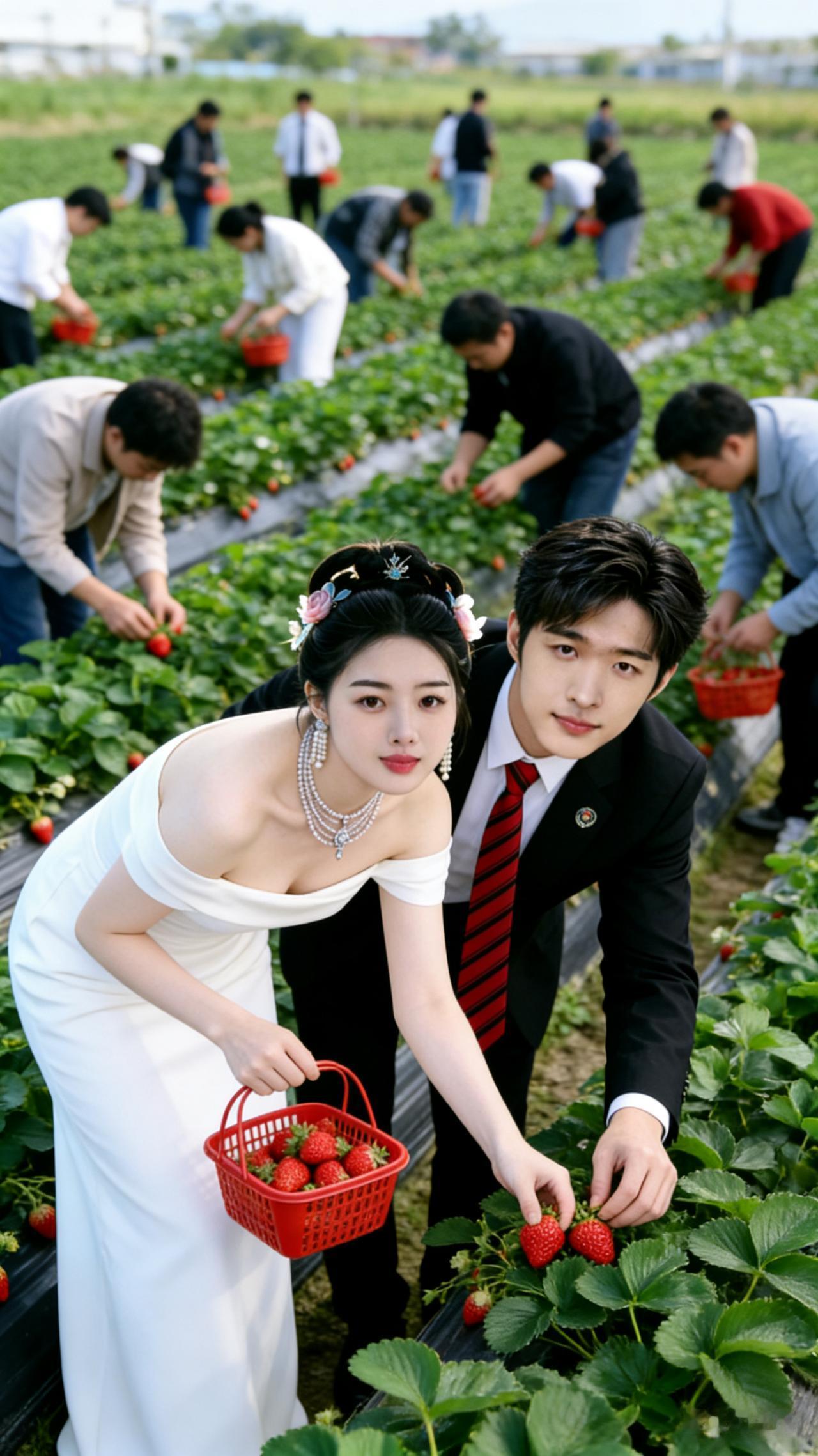 一对新人正在草莓园里采摘草莓。
丰收的草莓🍓