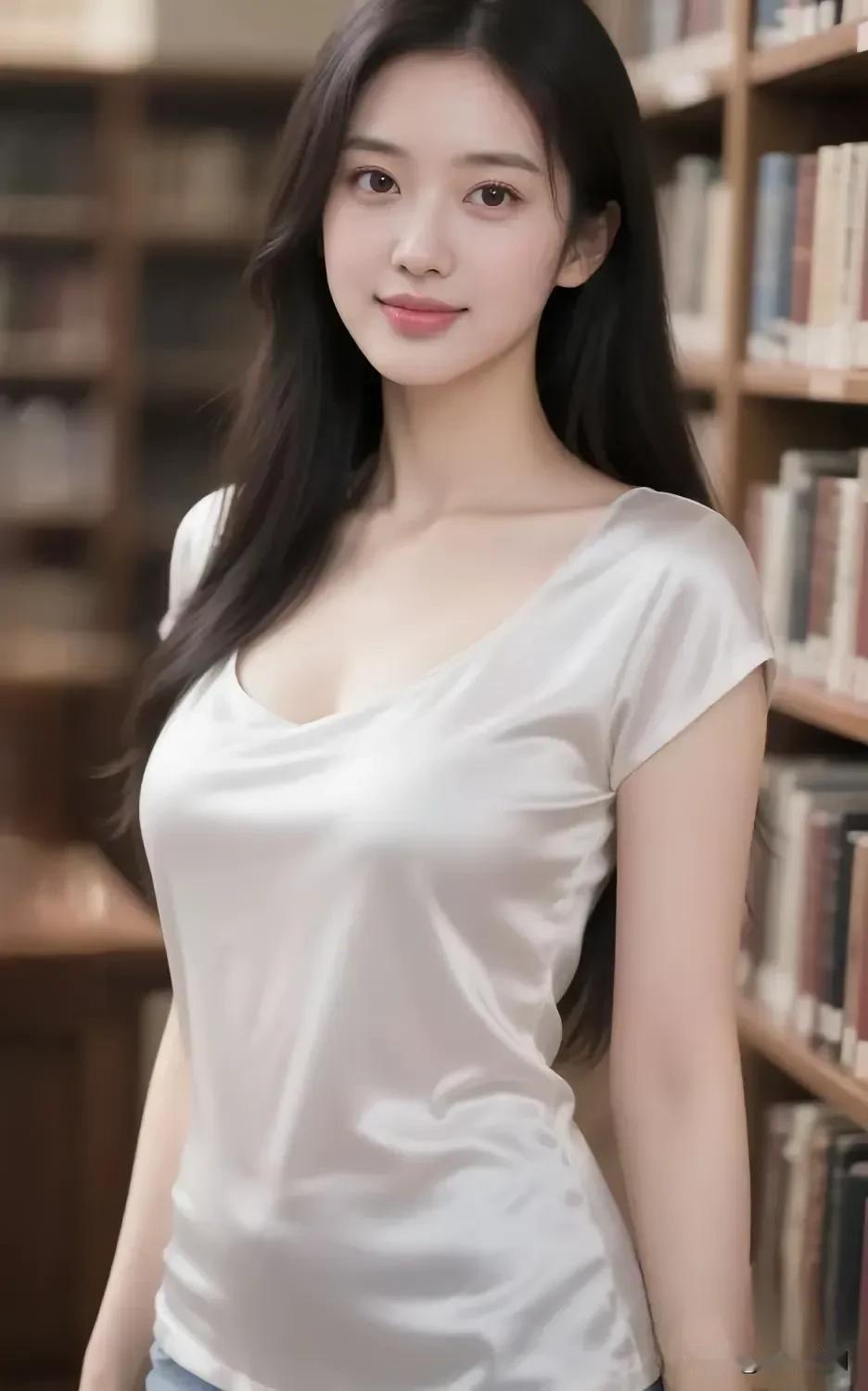 白缎上衣裹着温柔质感，长发垂肩在书架间漾着清甜笑意，是藏在书香气里的松弛氛围感?