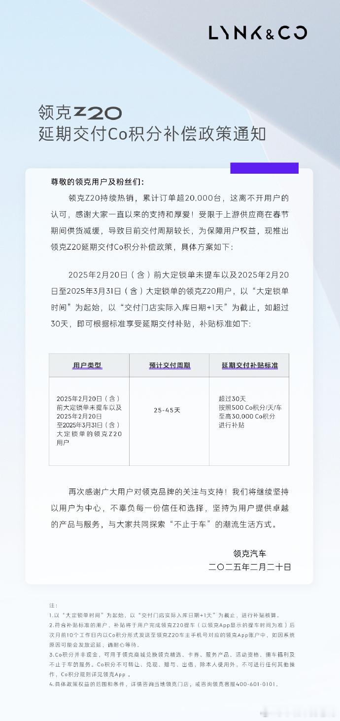 领克z20  的订单超过20000台，推出了延期交付积分补偿。从2024年12月