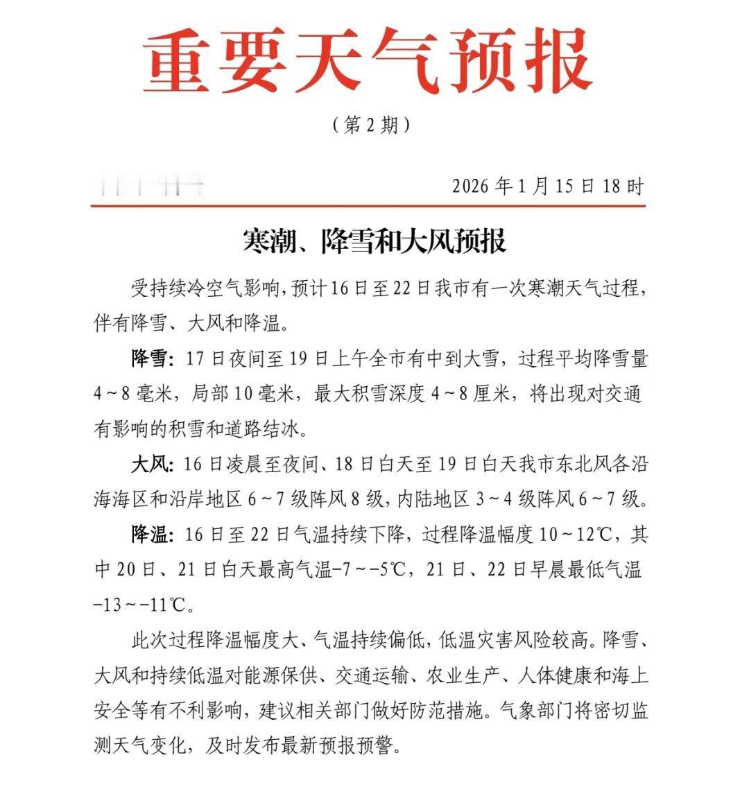 注意了！东营发布重要天气预报！全市有中到大雪！过程平均降雪量4～8毫米，局部10