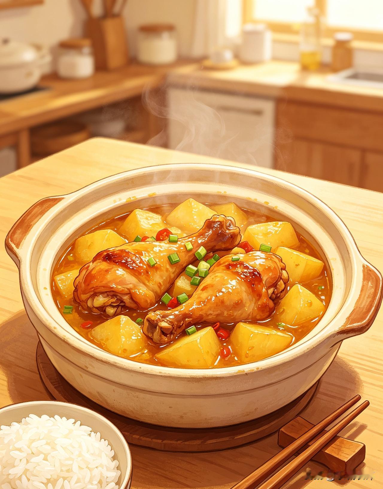 土豆炖琵琶腿是鲜香入味的家常硬菜。先把琵琶腿焯水去腥，煎至表皮微黄盛出。锅中爆香