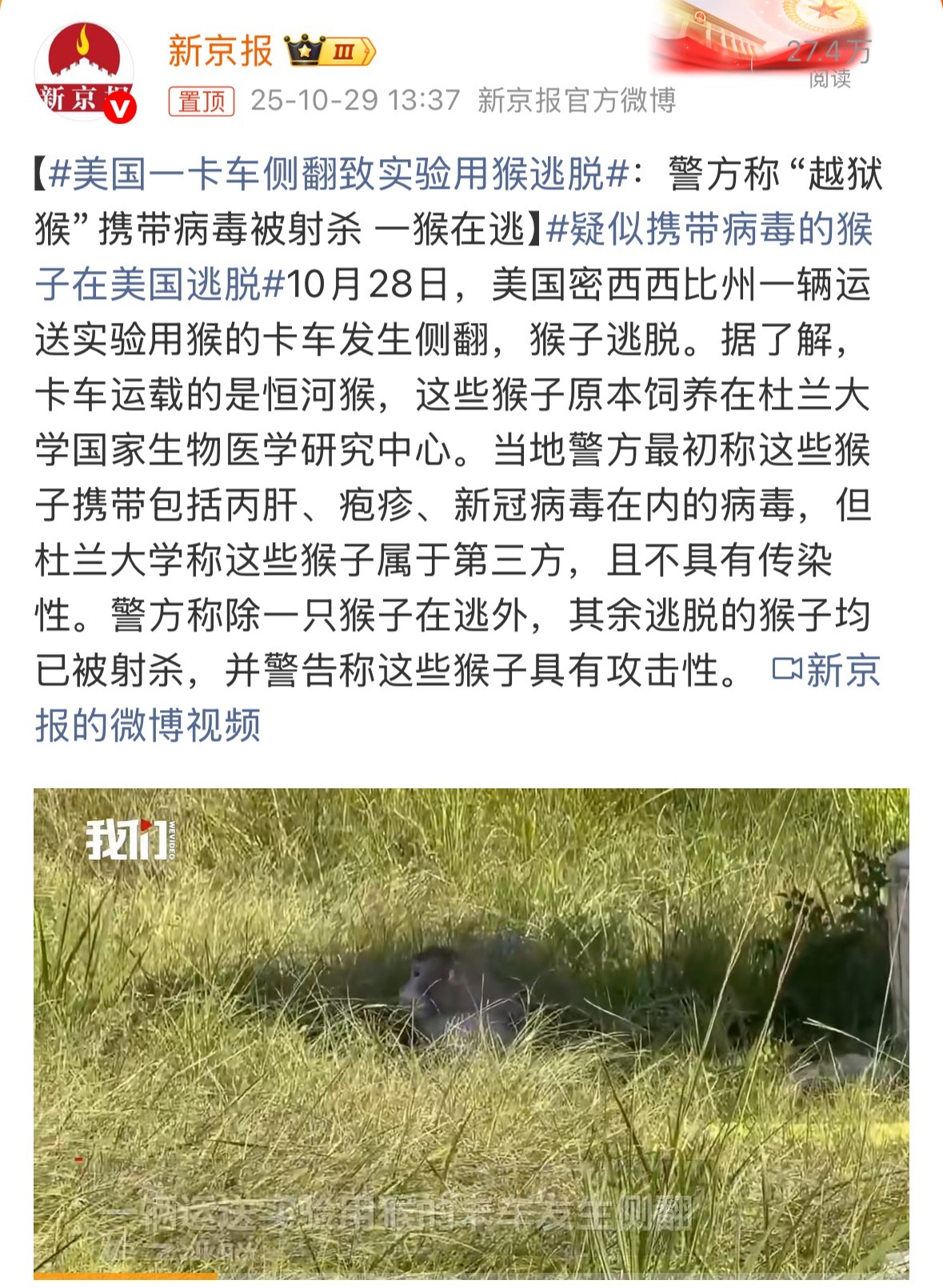 又来......漂亮国真的很草台班子[吃瓜]疑似携带病毒的猴子在美国逃脱 ​​​