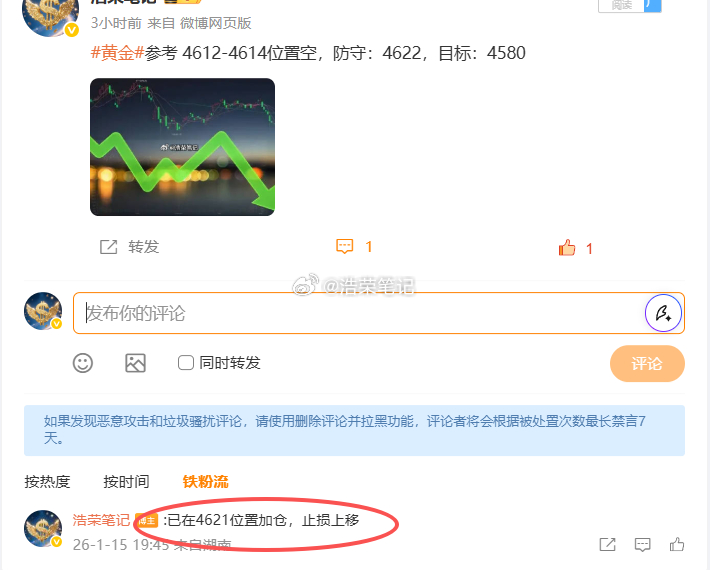 黄金4614位置空，4621位置加仓，现行情报价4587位置，双仓止盈610个点
