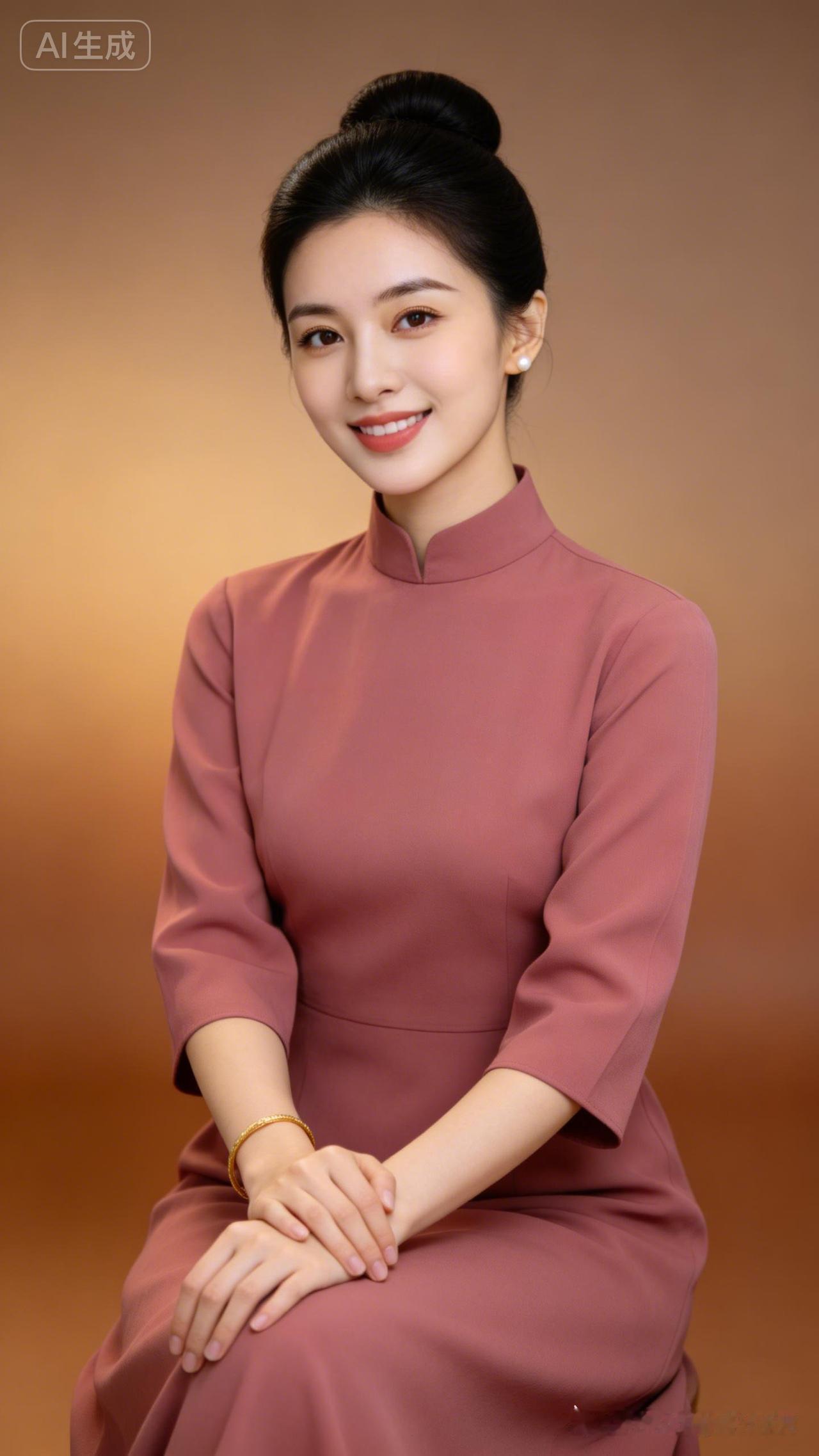 这位女士穿着粉色旗袍，优雅微笑。