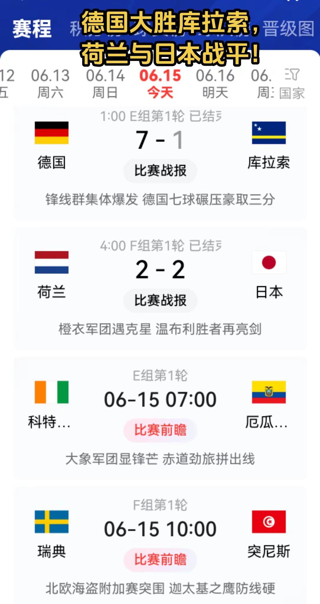 德国大胜库拉索，荷兰与日本战平！上热门 足球比分结果 2026美加墨世界杯 世界