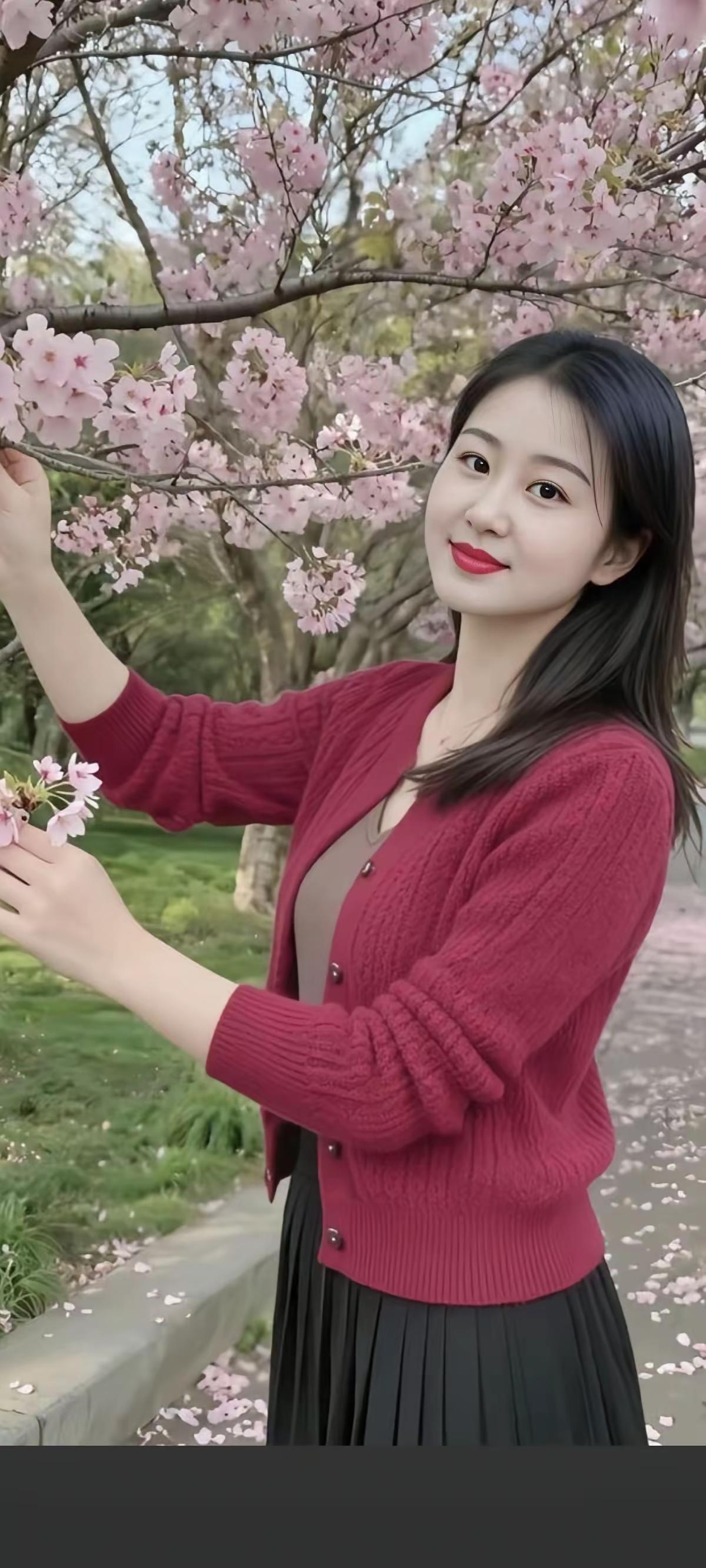 春日赏花，粉嫩樱花下，少女笑语盈盈