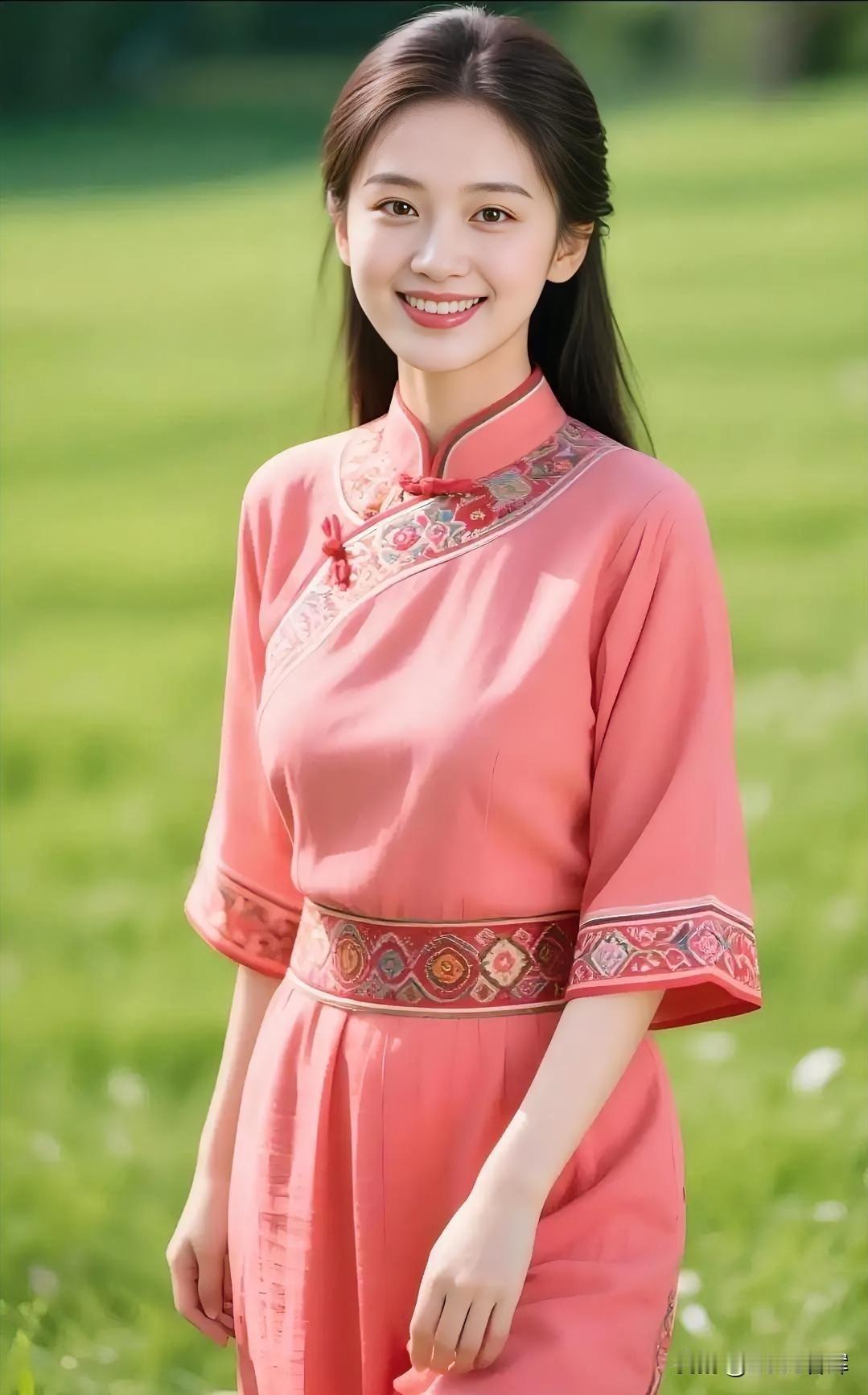 粉衣笑，春光好，风轻绕，花满腰。