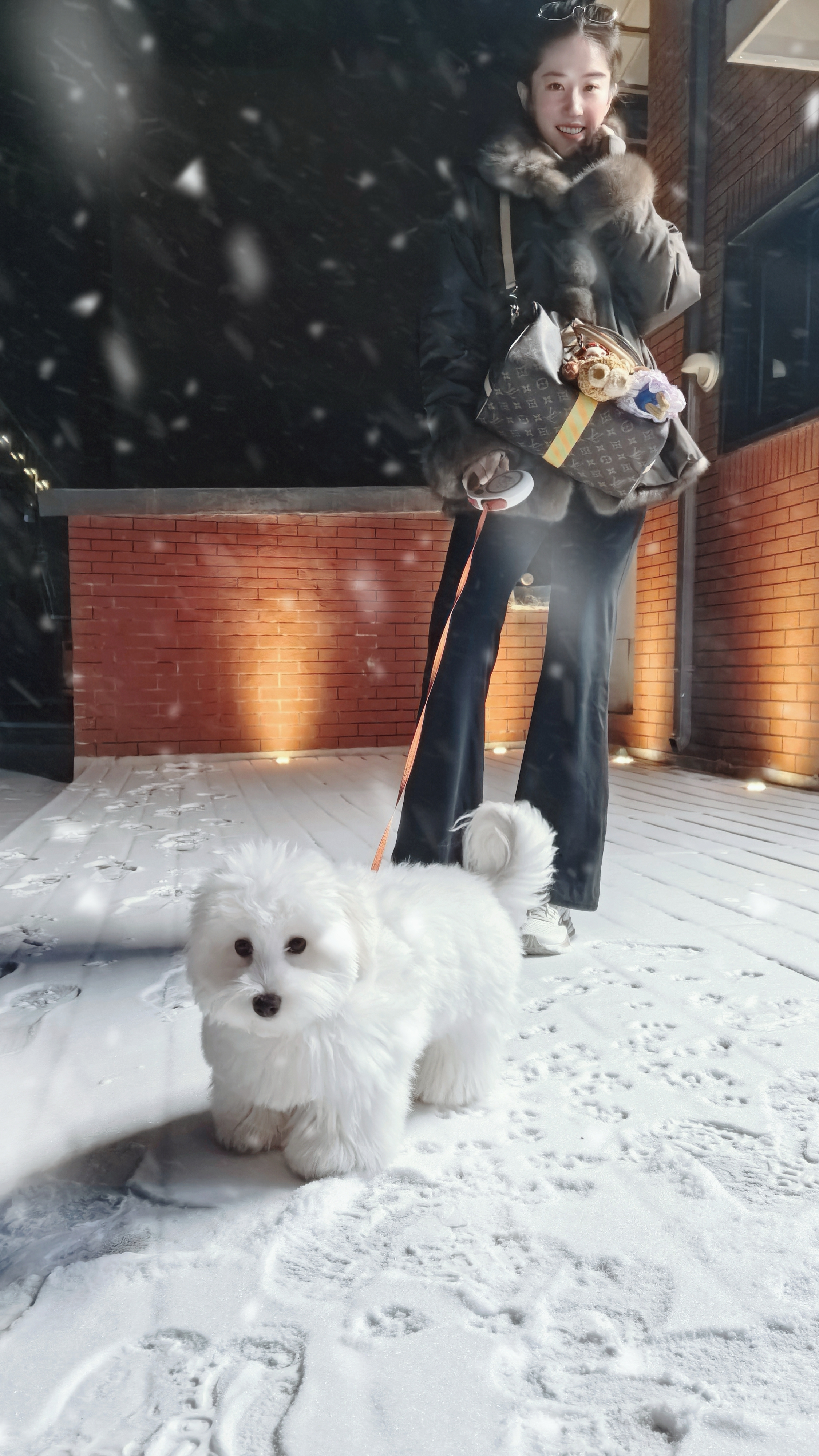 刘亦菲晒初雪哈哈合照老婆，玩雪玩狗也玩玩我啊 我也要做老婆的小狗，汪汪汪～汪汪汪