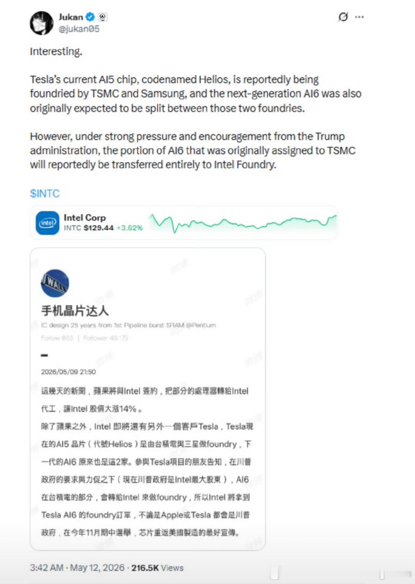曝英特尔将获特斯拉AI6芯片订单5月12日，据爆料，英特尔有望获得特斯拉AI6芯