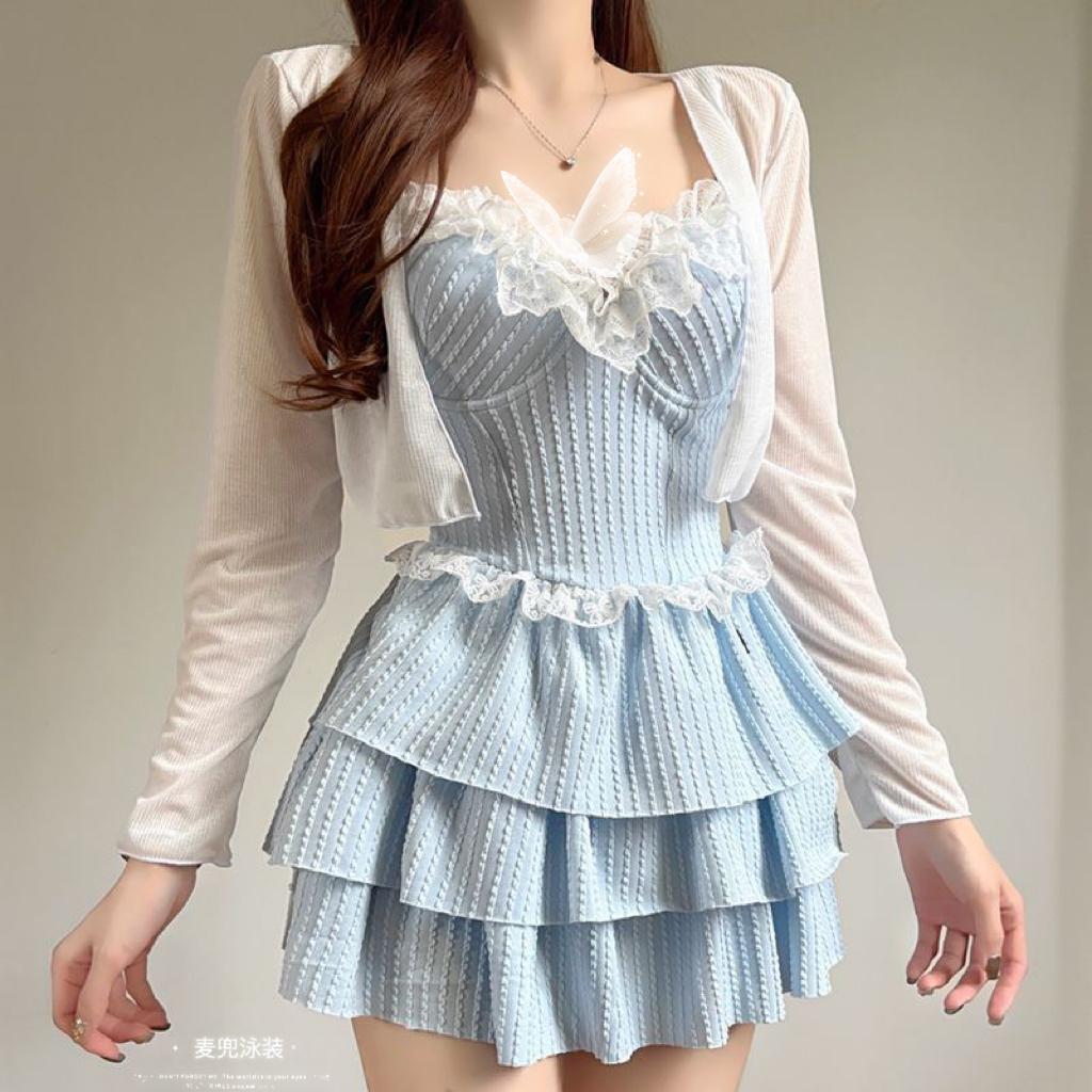 蛋糕裙甜美系高级感纯欲泳衣穿搭～标准泳池推荐 仙气海洋般的穿搭 穿着连衣裙能游泳