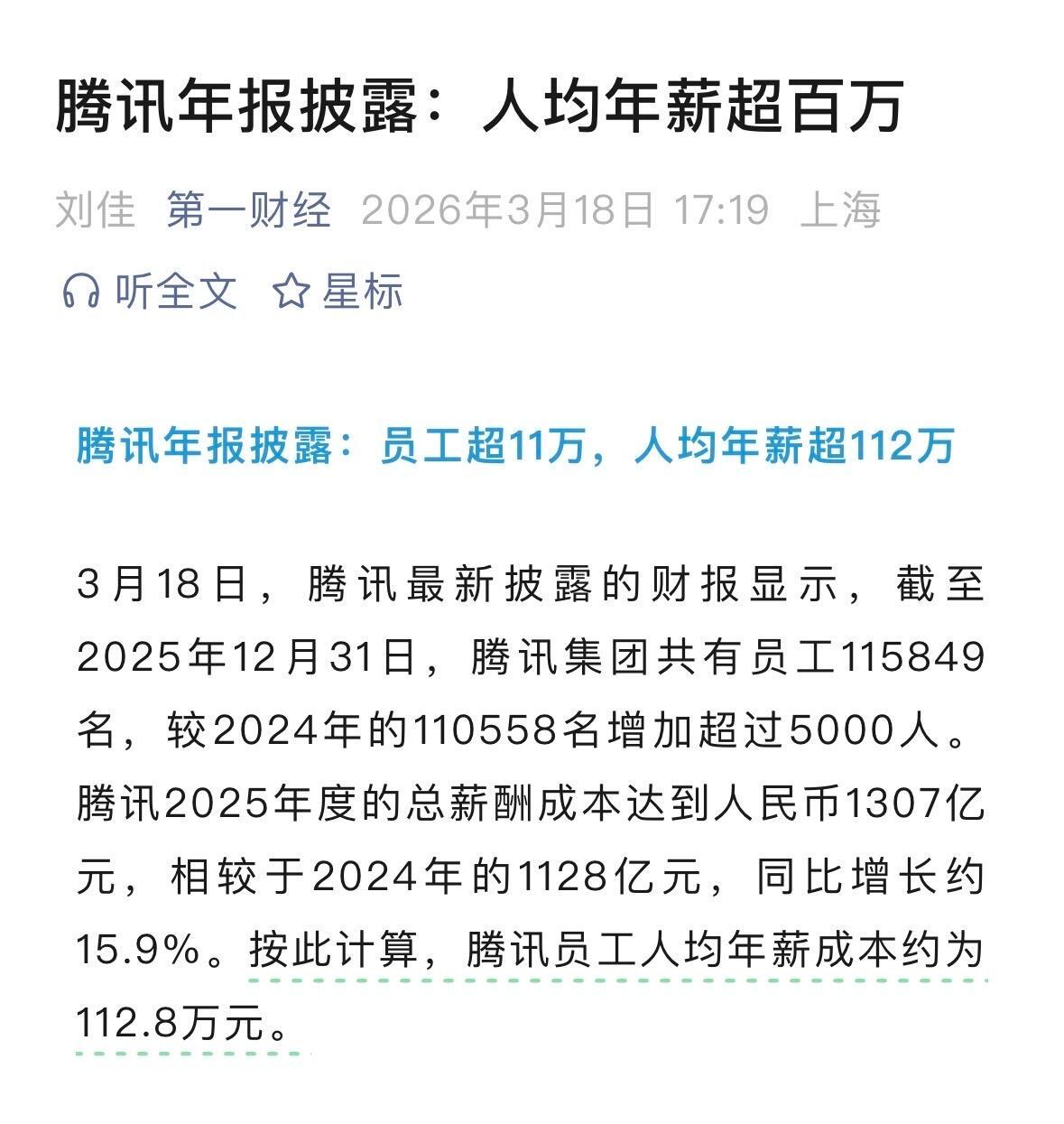 腾讯人均年薪112万
