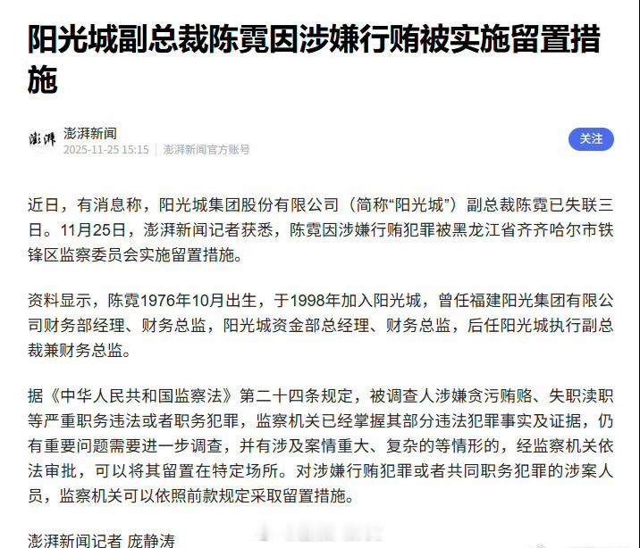 阳光城副总裁陈霓因涉嫌行贿被留置 