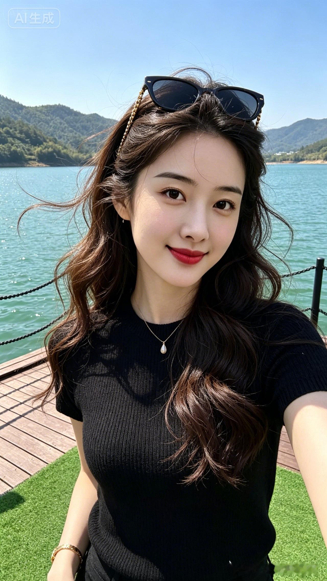 阳光下的甜美自拍，黑衣少女与碧水蓝天相映成趣。