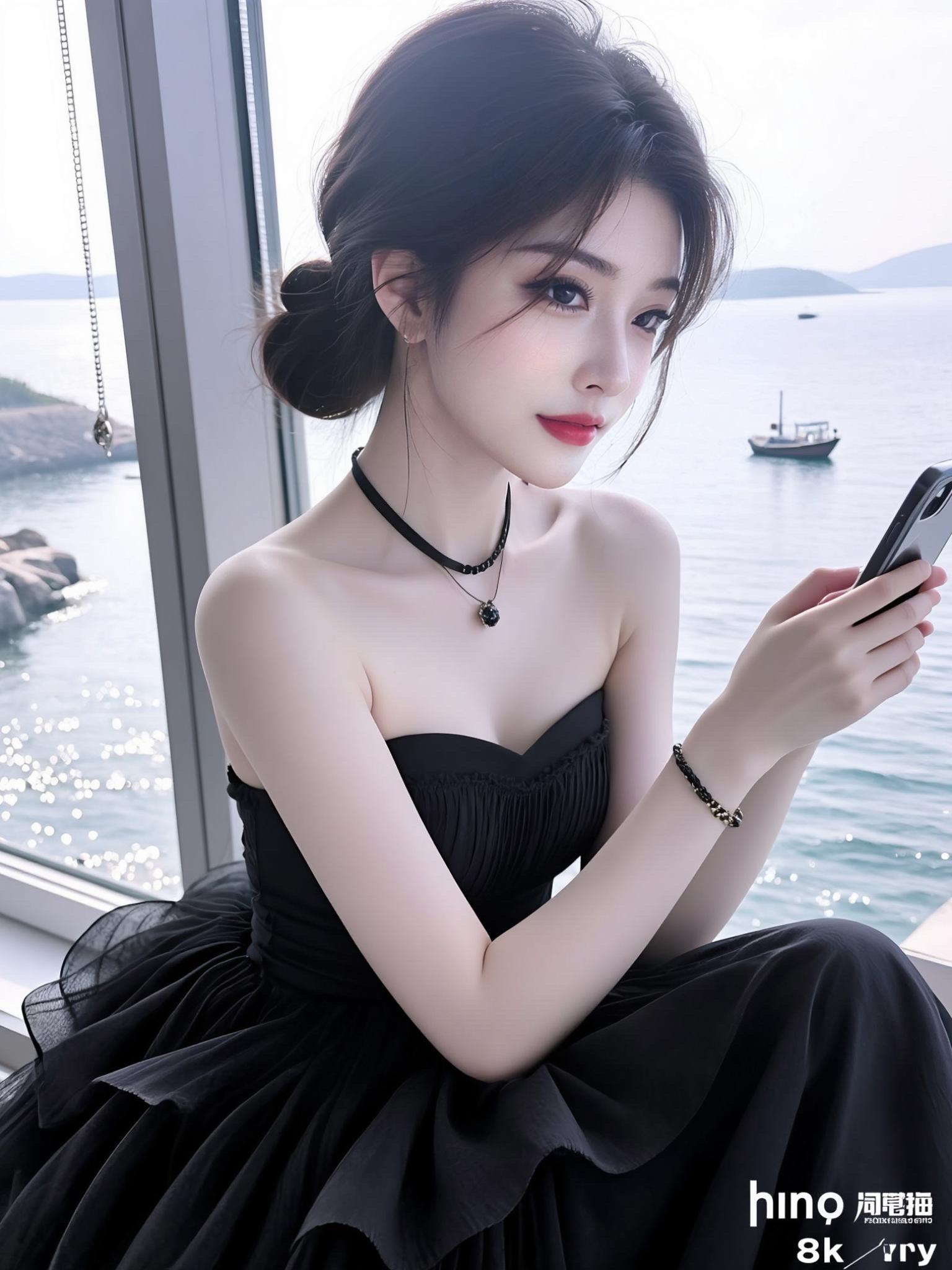 AI海景黑裙照