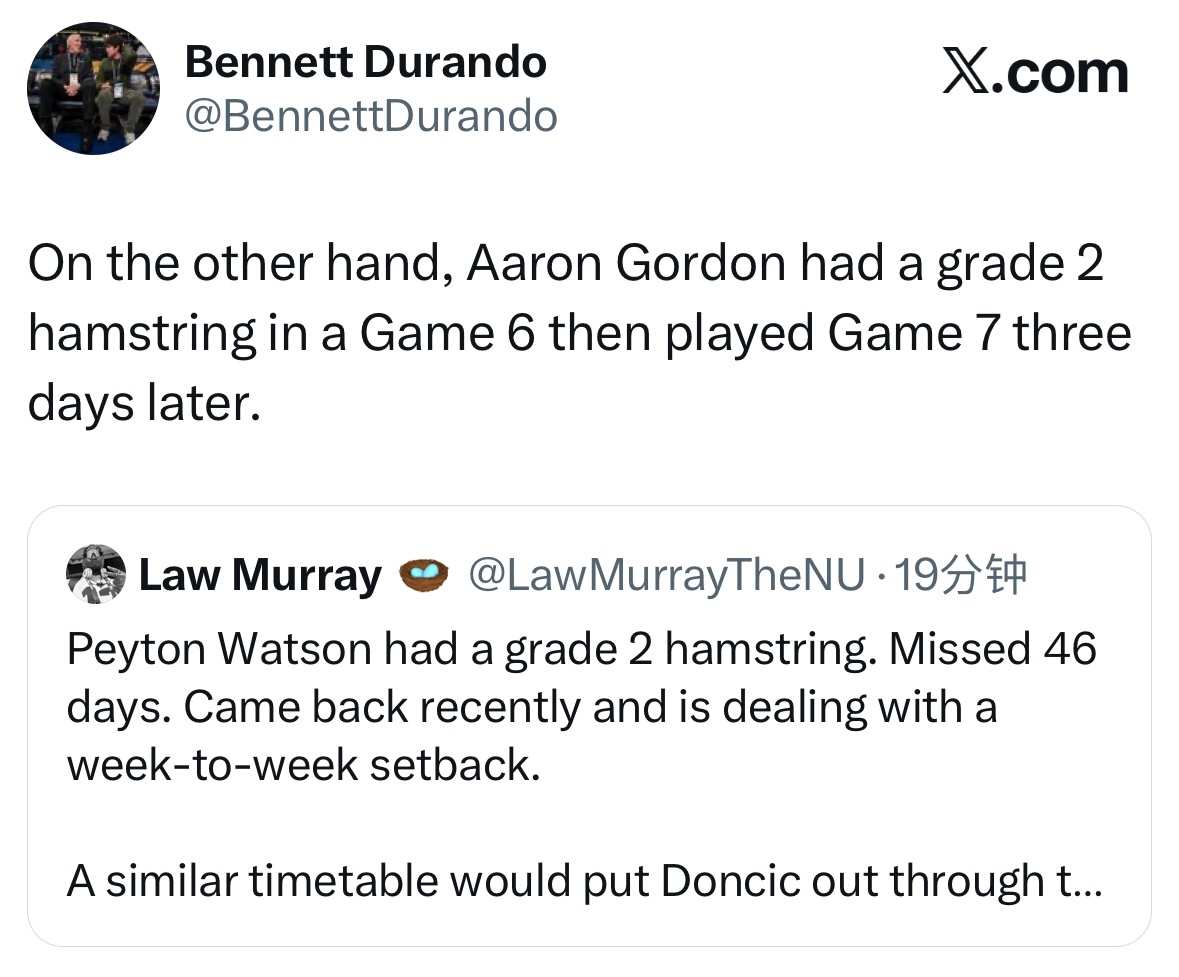 掘金球员沃特森遭遇了二级腿筋拉伤，缺席了46天。近期刚复出，又陷入了每周评估的伤