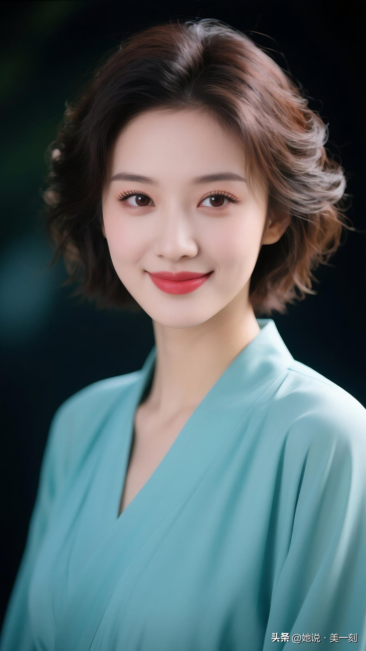 温柔甜美的微笑，蓝绿色连衣裙，散发自然魅力。什么才是真正的古典美人?