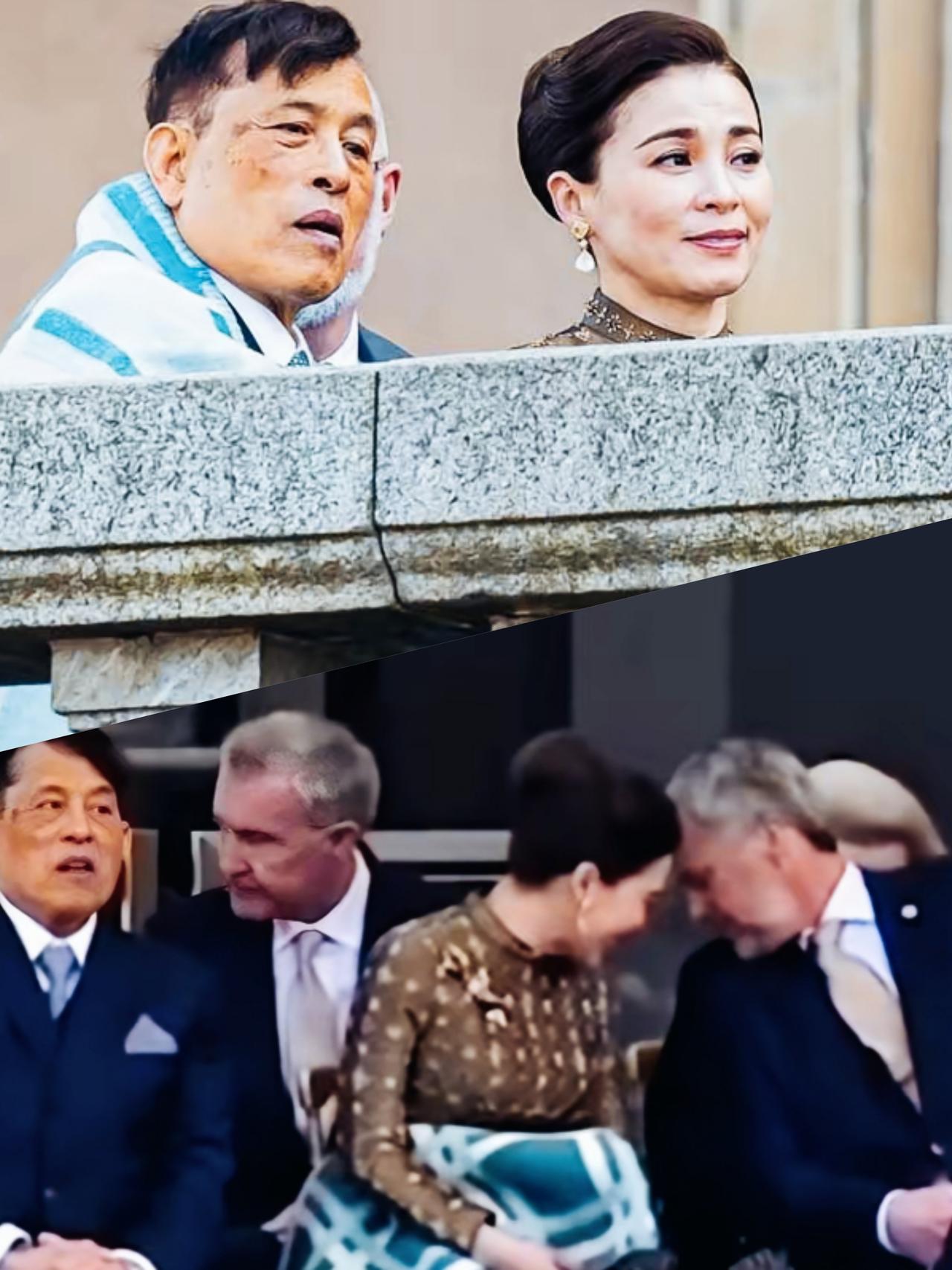泰国国王和王后苏提达俩人的表情，形成了鲜明的对比啊！
苏提达王后始终保持微笑，看