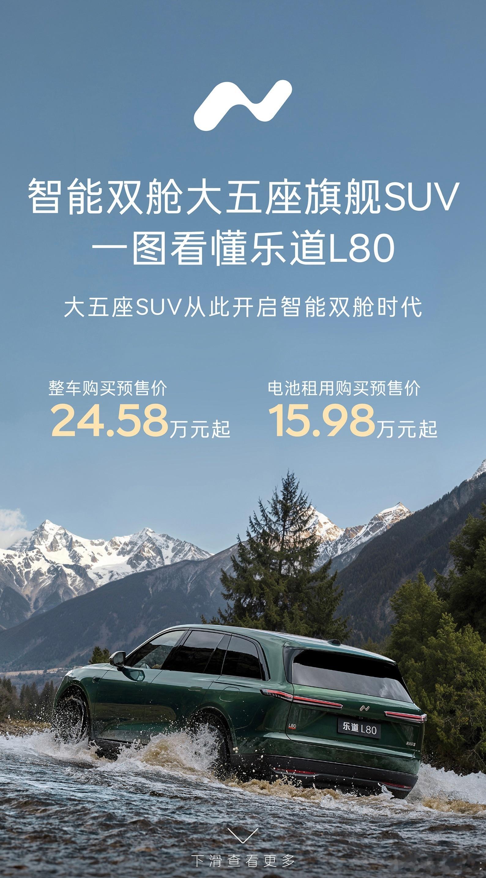 乐道L80预售价格，24.58万起，BaaS价格15.98万起，85度电池租赁价