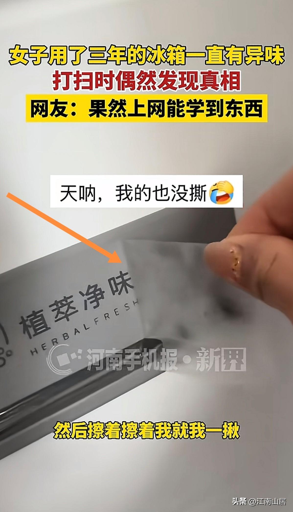 冰箱有异味，再怎么清洁，也去除不了。也有可能是忘记撕掉，冰箱内外的“除味膜”了。