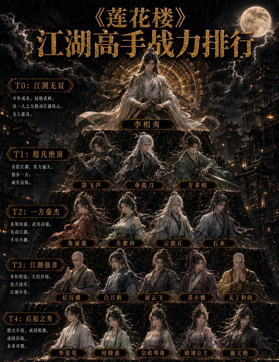 《莲花楼》江湖高手战力排行
李相夷、笛飞声、单孤刀和方多病等高手各有所长。剑术、
