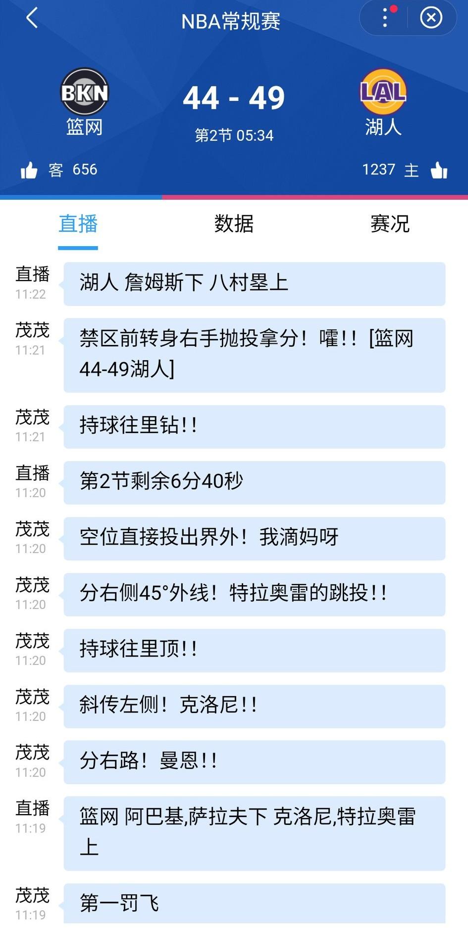 篮网迅速赶上了湖人，湖人可能在调试阵容，大概是想要主力多休息。
布朗尼第二节就上
