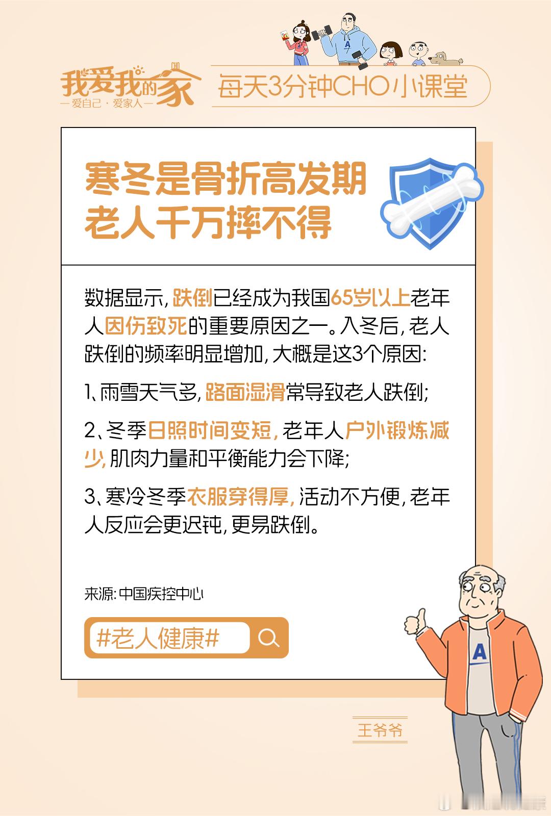 健闻登顶计划  🌈冬季雨雪多，路面湿滑，老人易跌倒，且常发生骨折。💖别忘给家