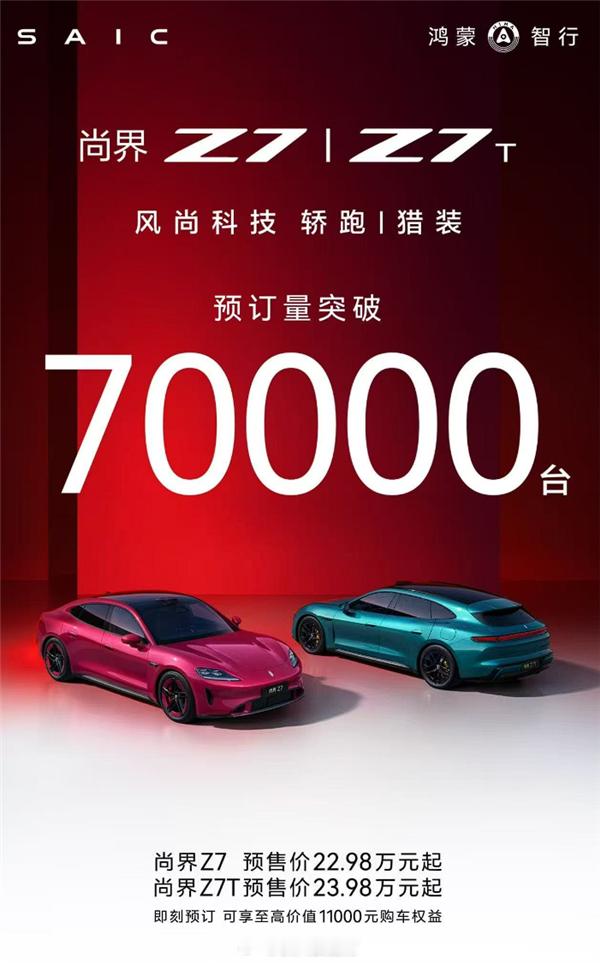 【预售22.98万起 鸿蒙智行尚界Z7/Z7T预定已破7万：下周即上市】据鸿蒙智