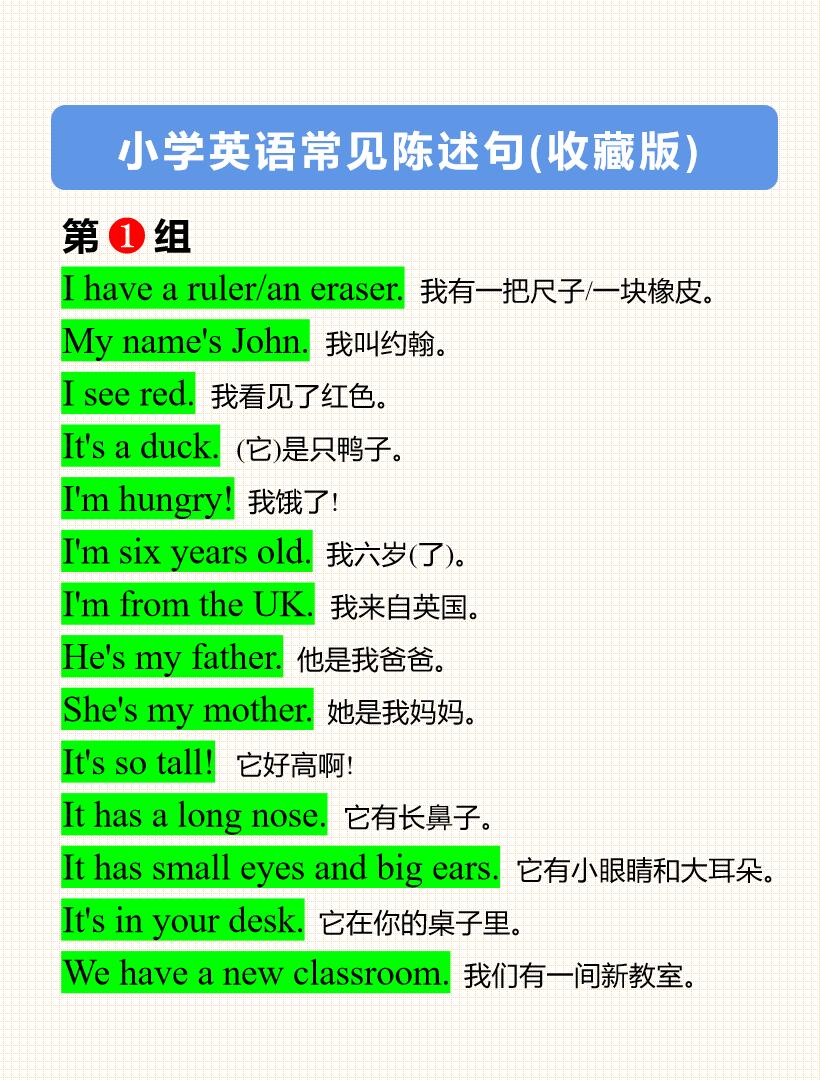 小学英语常见陈述句（收藏背诵版）英语 小学英语 小升初 学霸秘籍