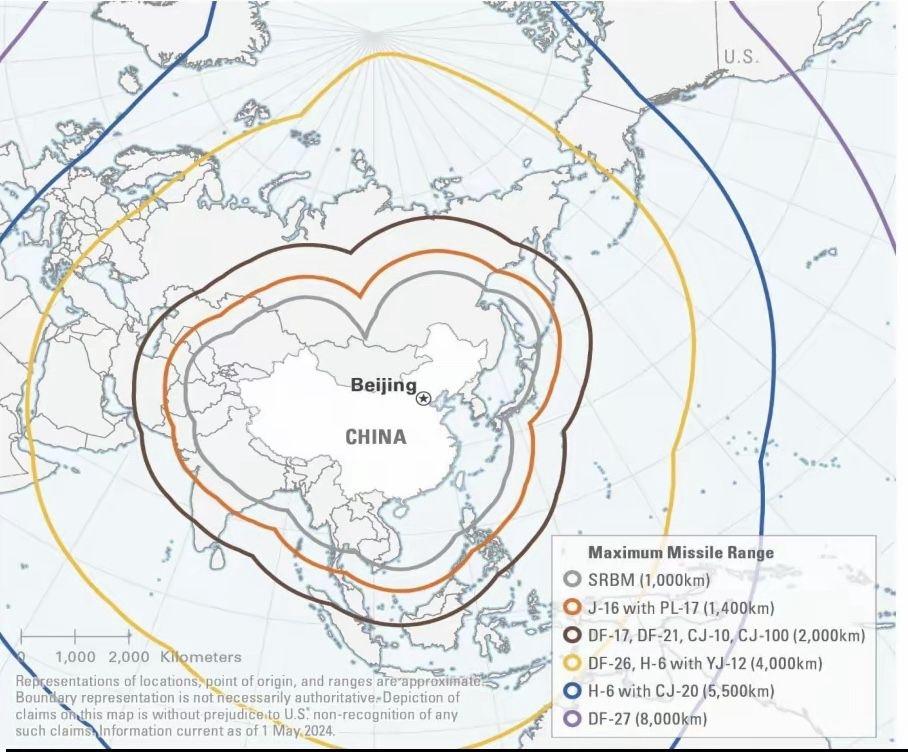 美国发布的中国导弹覆盖范围图，忽略了远程洲际，难道美国觉得覆盖不了它全境