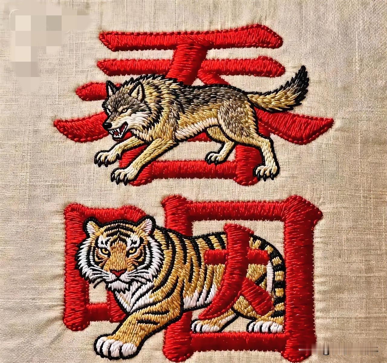 大家知道这个图的意思吗？吞上面一个绣的是一只狼，咽下面是个老虎，两个字联起来是吞